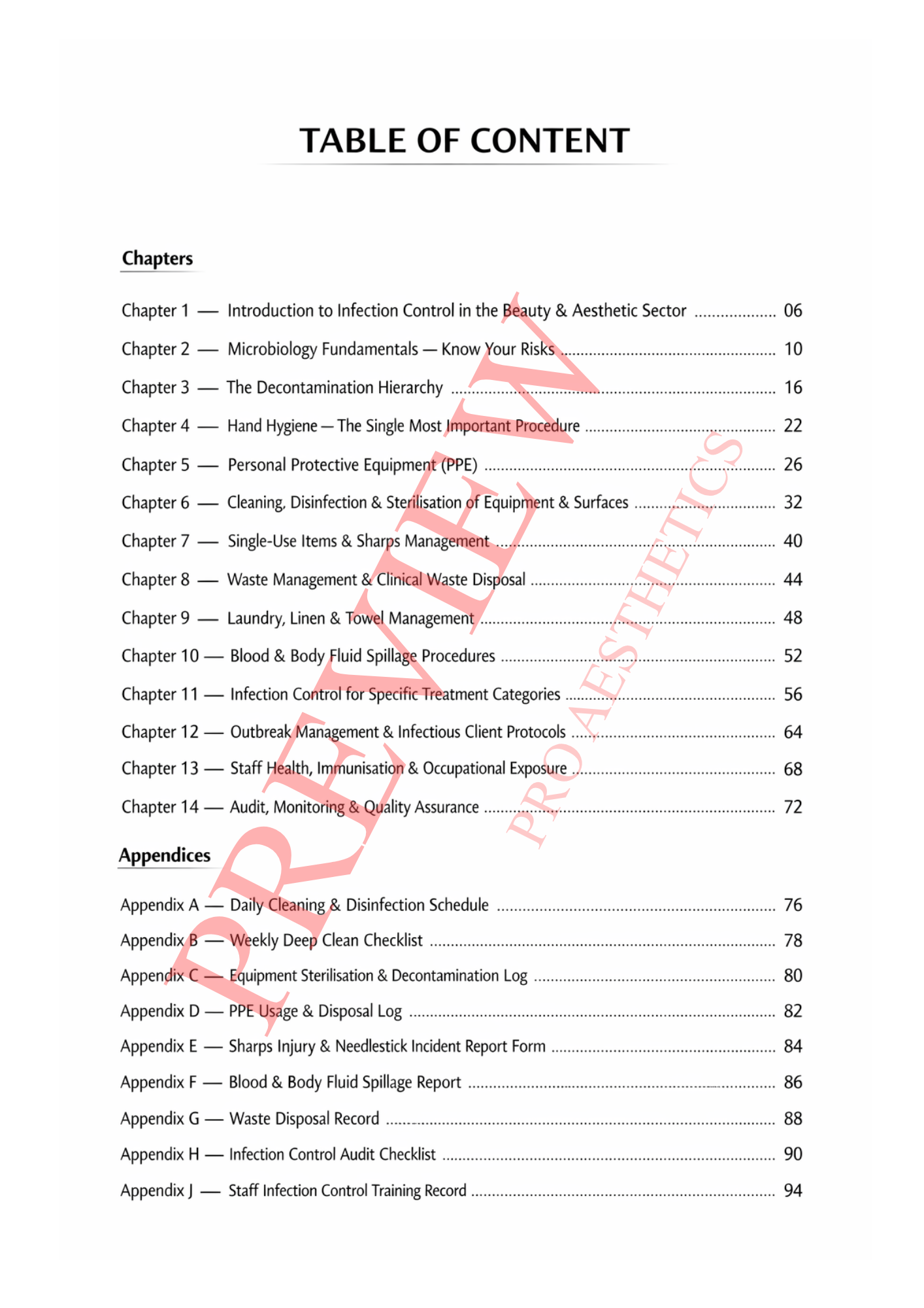 Table of contents infection control manual showing 14 chapters and 10 appendices
