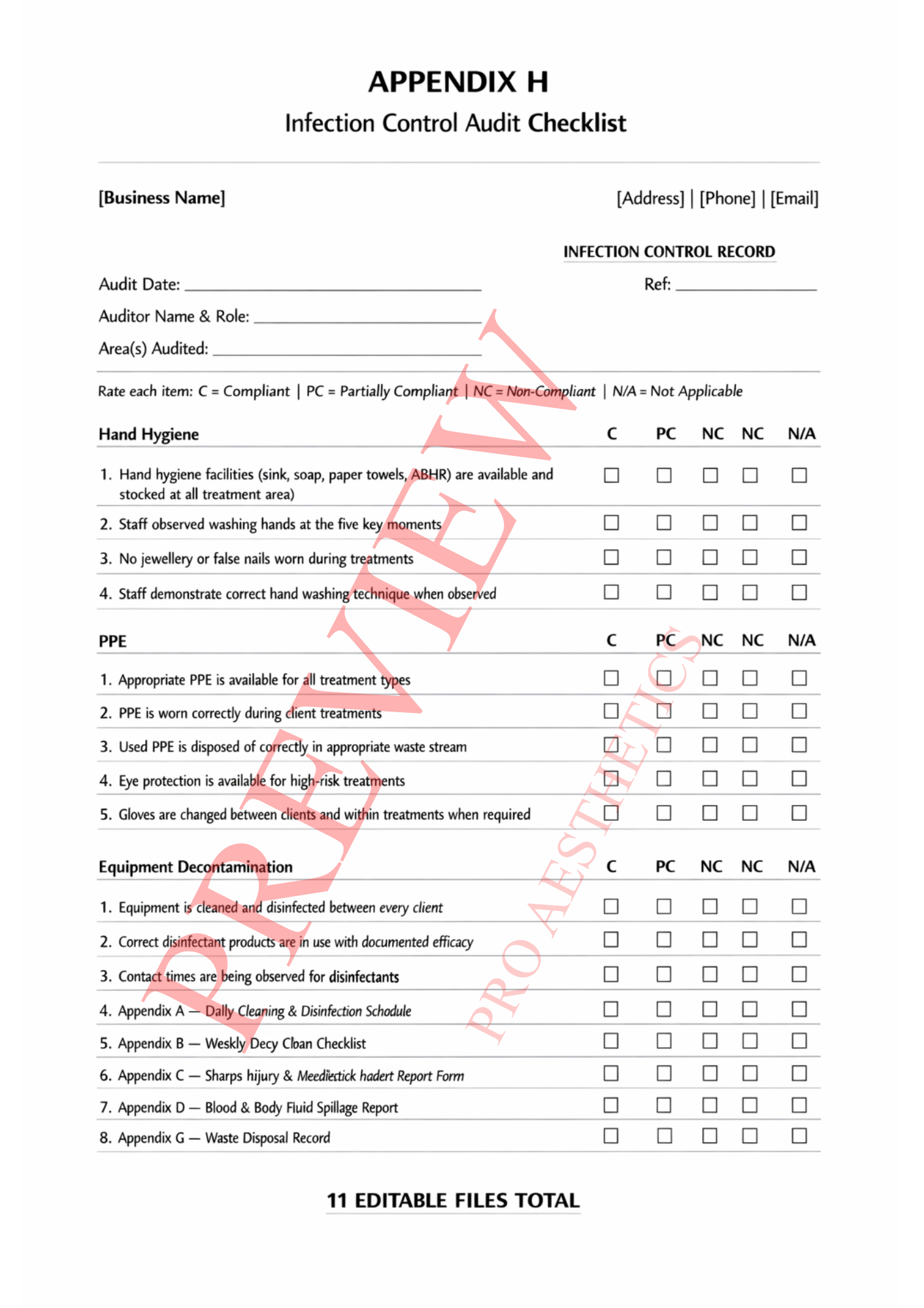 Infection control audit checklist editable Word template for beauty salons